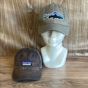 Lot of 2 Distressed Patagonia Baseball Caps Hat Brown Snapback Embroidered Fish